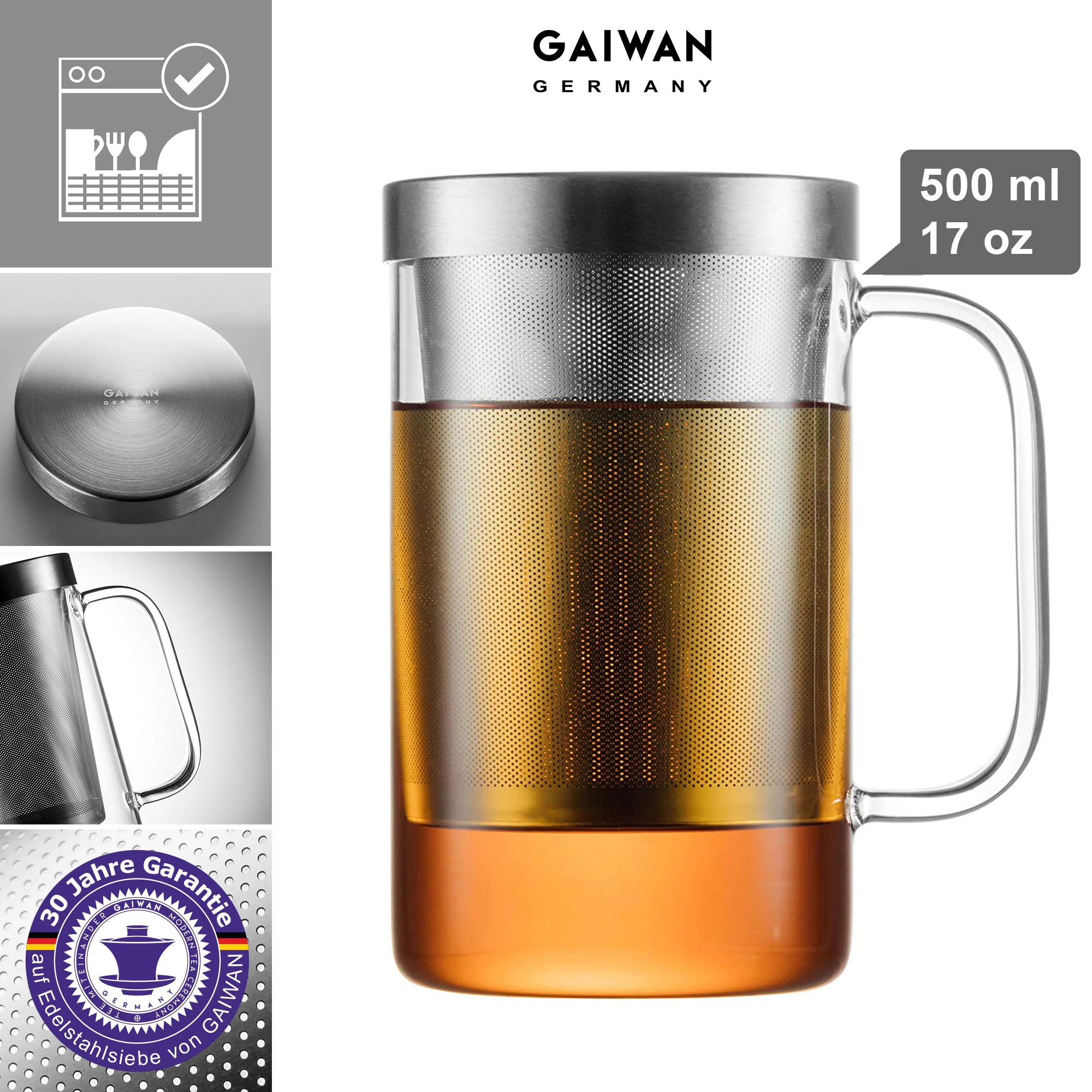Large tea glass with 500 ml usable volume, stainless steel strainer with 30-year warranty - GAIWAN® PURE550S